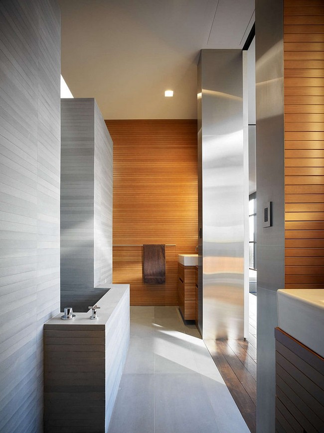 Minimál fürdőszoba fa és beton egysége