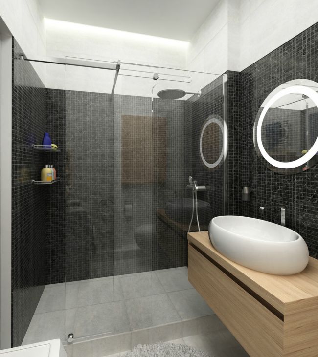 Kis alapterületű fürdőszoba fekete mozaikkal