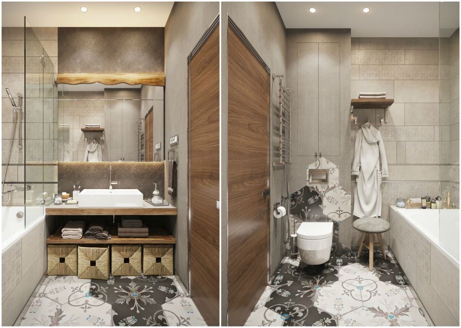 Modern fürdőszoba hatszögletű lapokkal