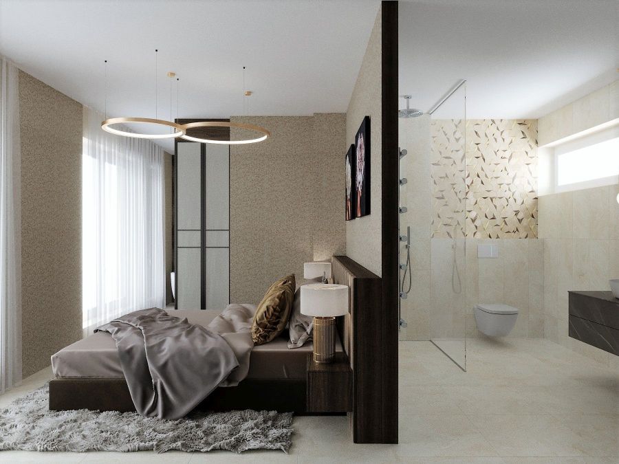 Modern lakás látványtervek - Szűcs Klára lakberendező ágy és fürdőszoba zuhanyzóval