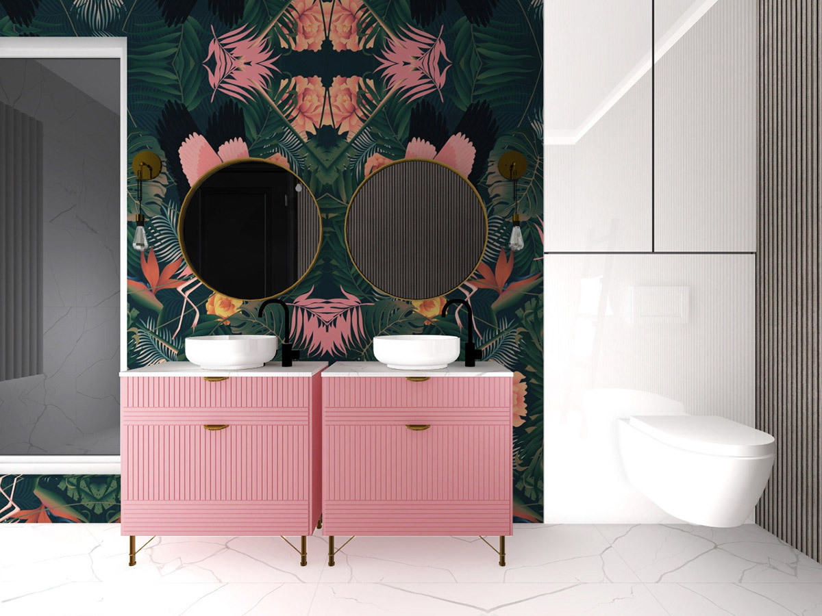 Flamingó rózsaszín bútor és egzotikus mintás burkolat - Malgosia Stan