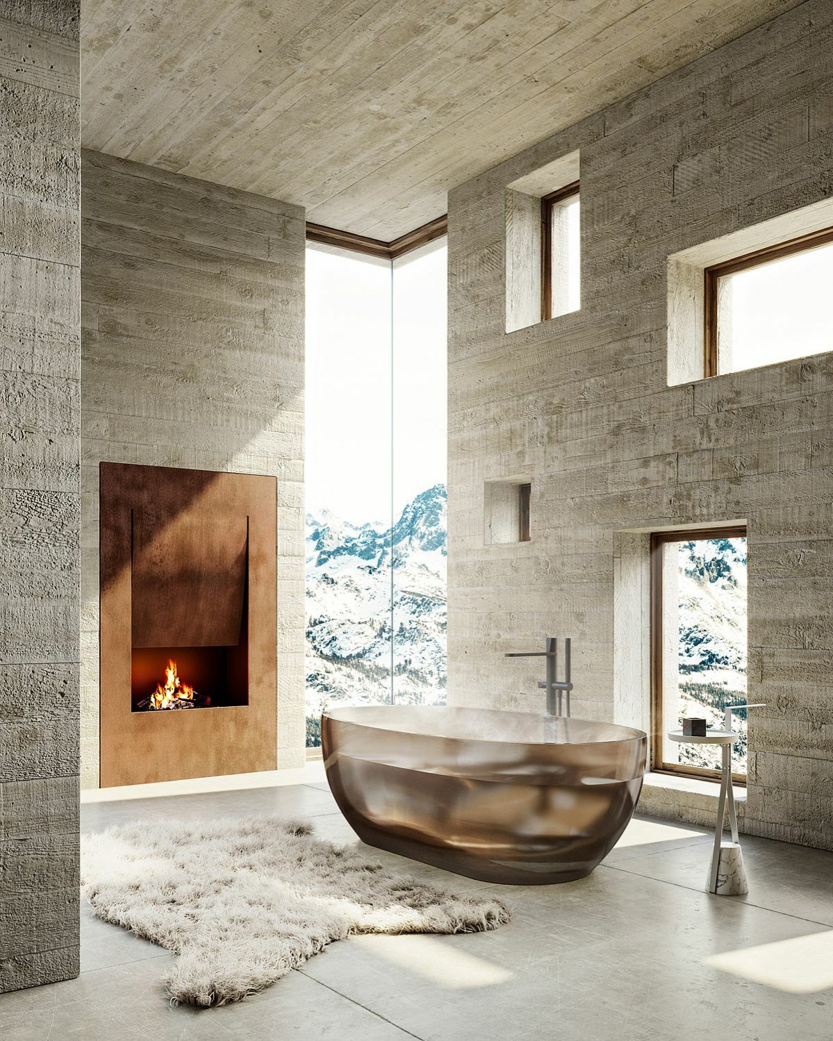 Betonos felületek, kandalló és áttetsző fürdőkád - Massimo Colonna