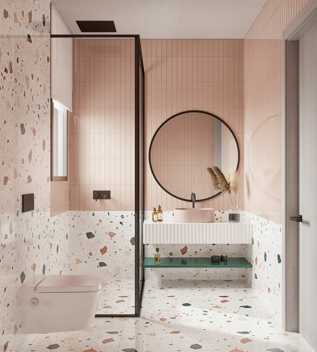 Óriás kőszemcse mintás burkolat modern fürdőszobában - Dina Bishr