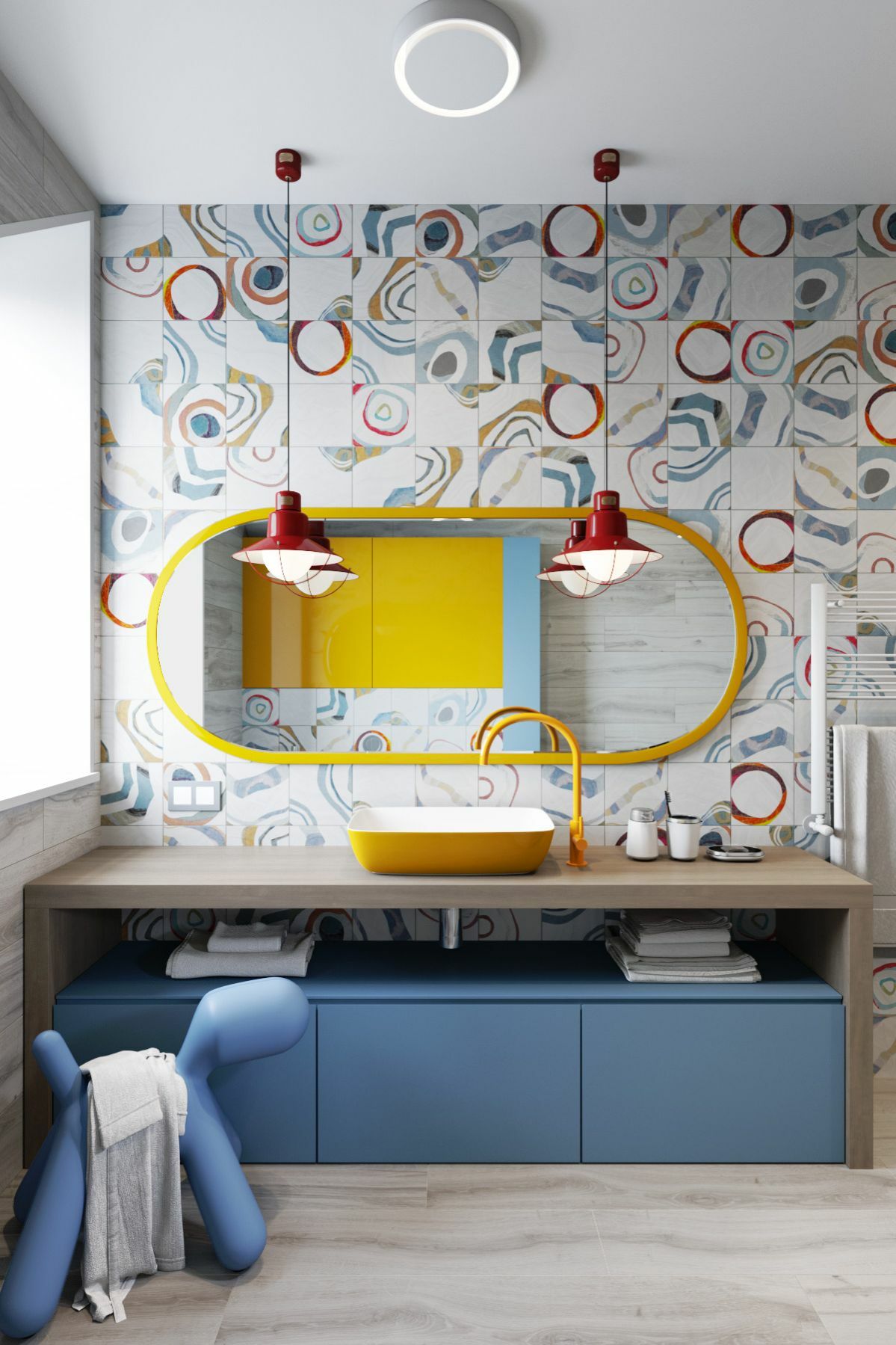 Modern színes csempék sárga mosdó és tükörkeret - Evgeniy Zhdanov