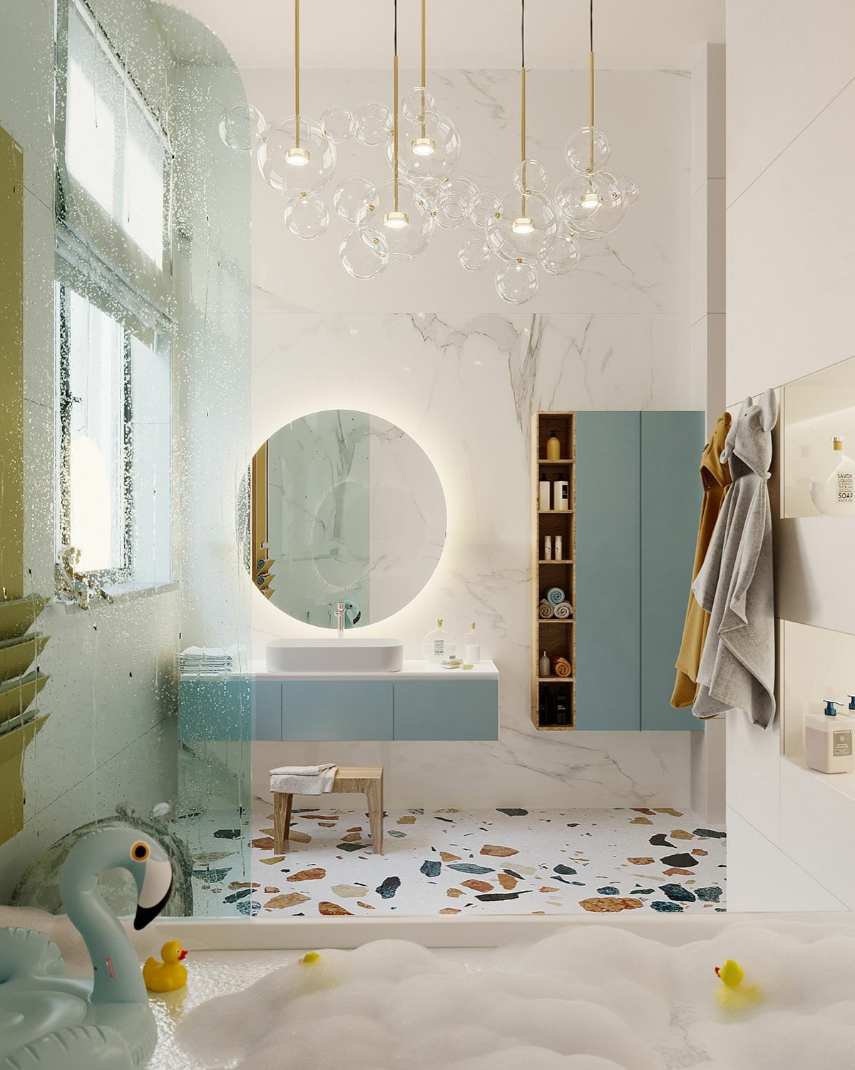 Kacsatojás kék fürdőszoba bútor és üveglámpák - Maria Papko