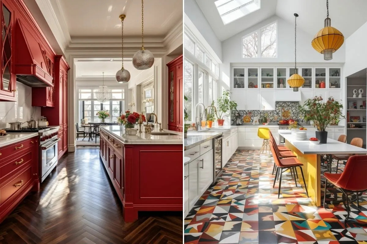 Piros konyha és színes padlóburkolat