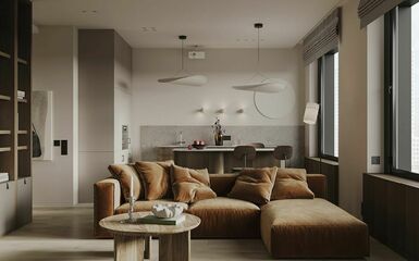 67 m2-es lakás kényelmes nappalival, egyszerű konyhabútorral és különálló dolgozószobával